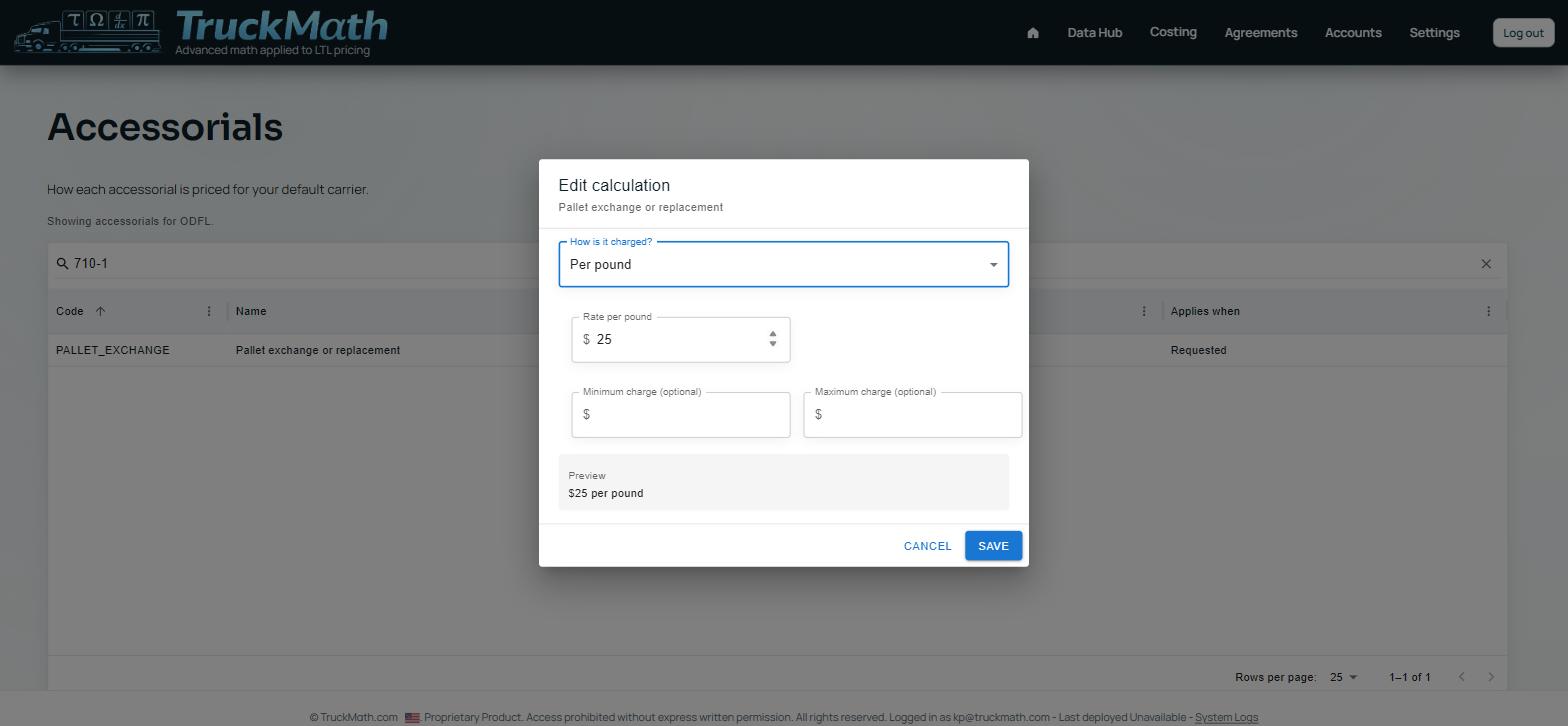 Edit-calculation dialog for the Per pound charge type — Illustrative — no live rule is currently priced this way